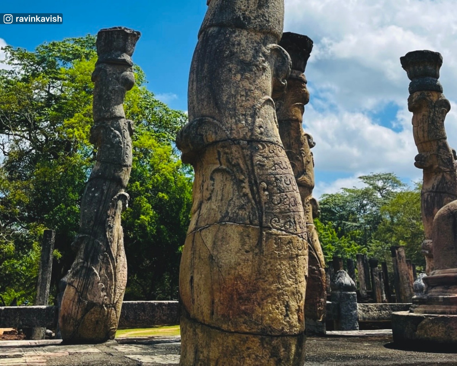 Ancient Nissanka Latha Pillared Pavilion with finely carved pillars in Polonnaruwa Sacred Quadrangle