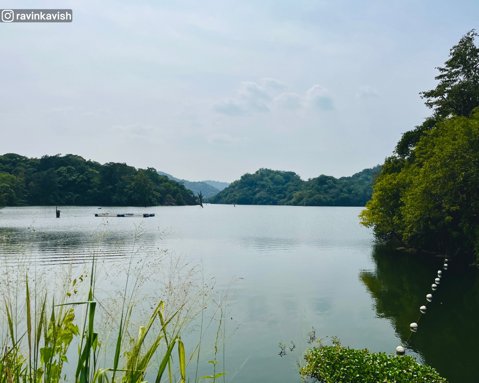 Calm waters of Buduruwagala Reservoir in Ella with surrounding tree-covered hills showcasing Sri Lankas scenic landscapes