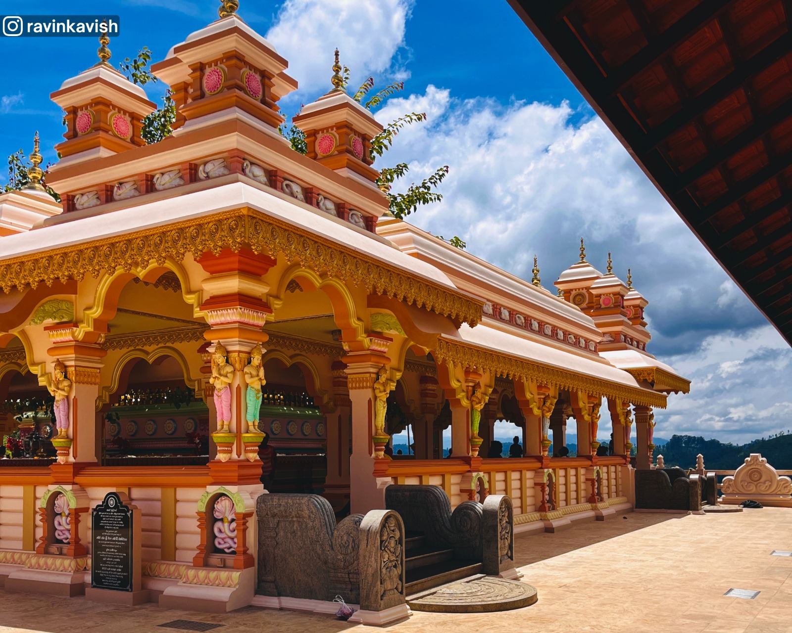 Colorful Temple Structure decorated with, frescoes, and sculptures of Mahamuwana Monastery, Kumbalwela near Ella
