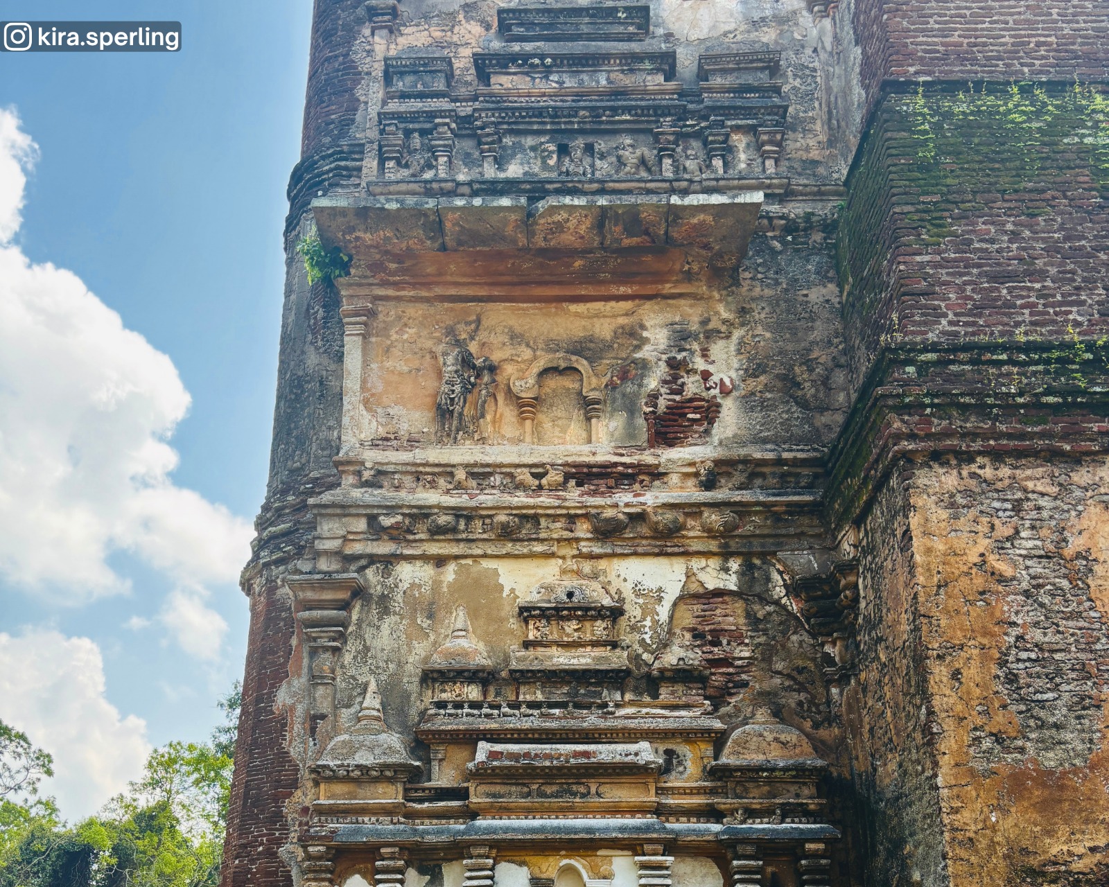 Fine carvings and sculpted figures on the temple’s outer wall of Lankathilaka Temple at Alahana Pirivena, Polonnaruwa