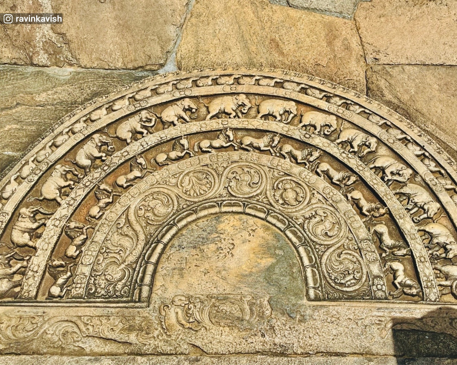 Finely carved iconic moonstone of Vatadageya at Polonnaruwa Sacred Quadrangle