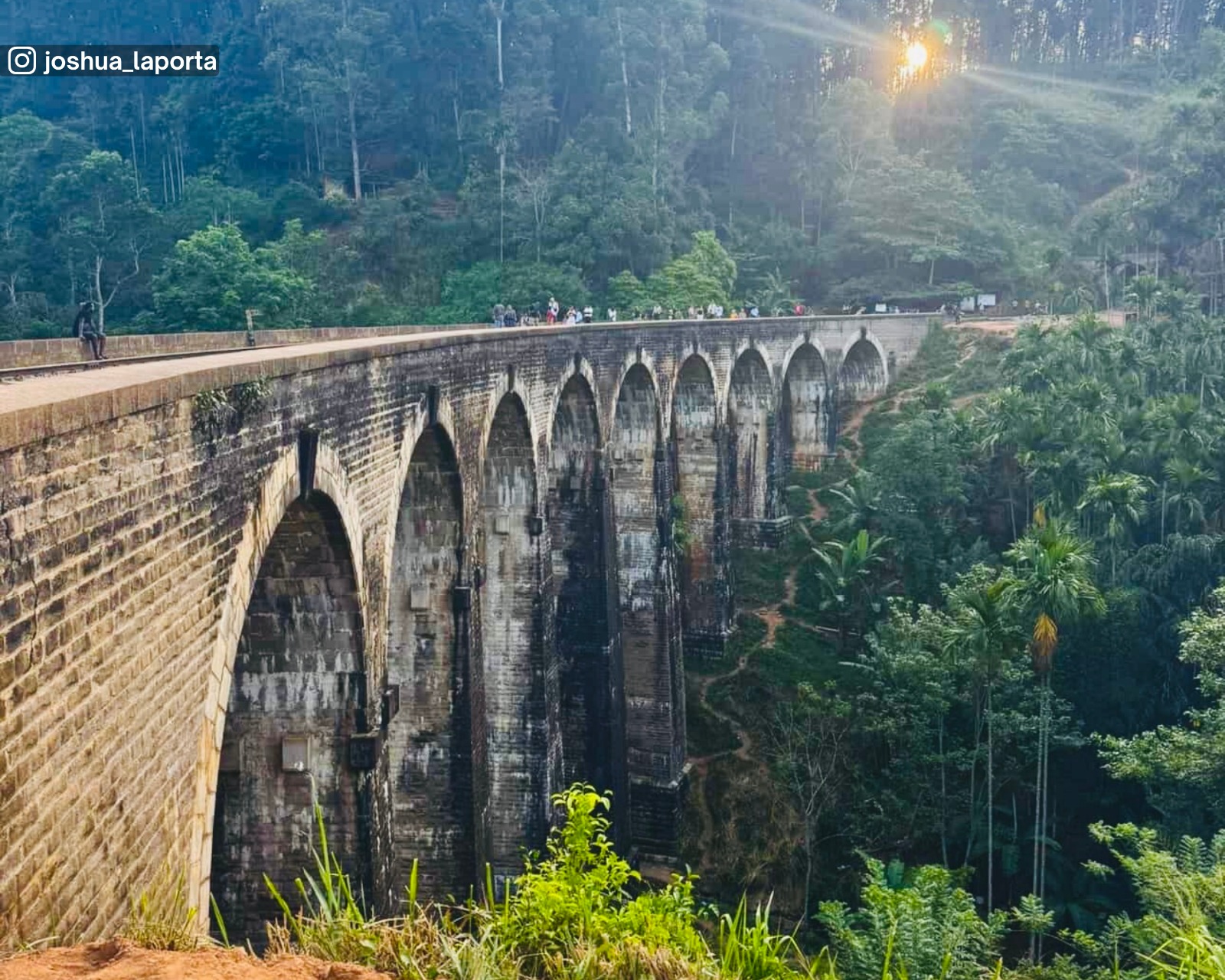 Inner curve of the Nine Arch Bridge at sunrise, highlighting the arches with sunlight streaming through the trees