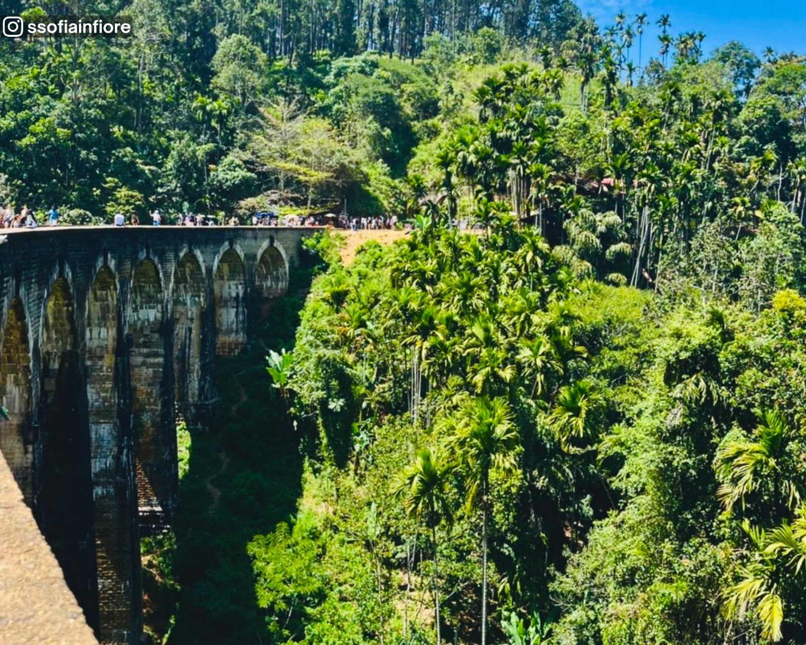 Inner curve view of the Nine Arch Bridge showing the arches from a closer angle, surrounded by lush greenery