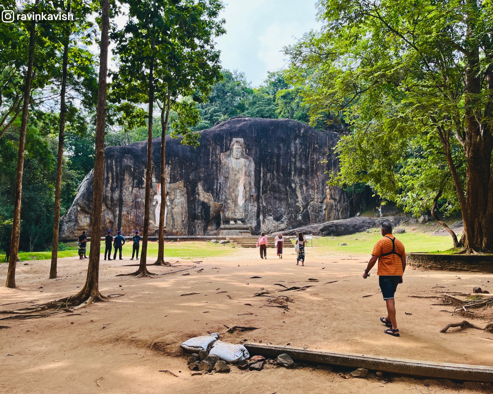 Rock carvings of Buduruwagala Rock Temple seen from a distance through scattered tall trees along the path showcasing Sri Lankas cultural heritage