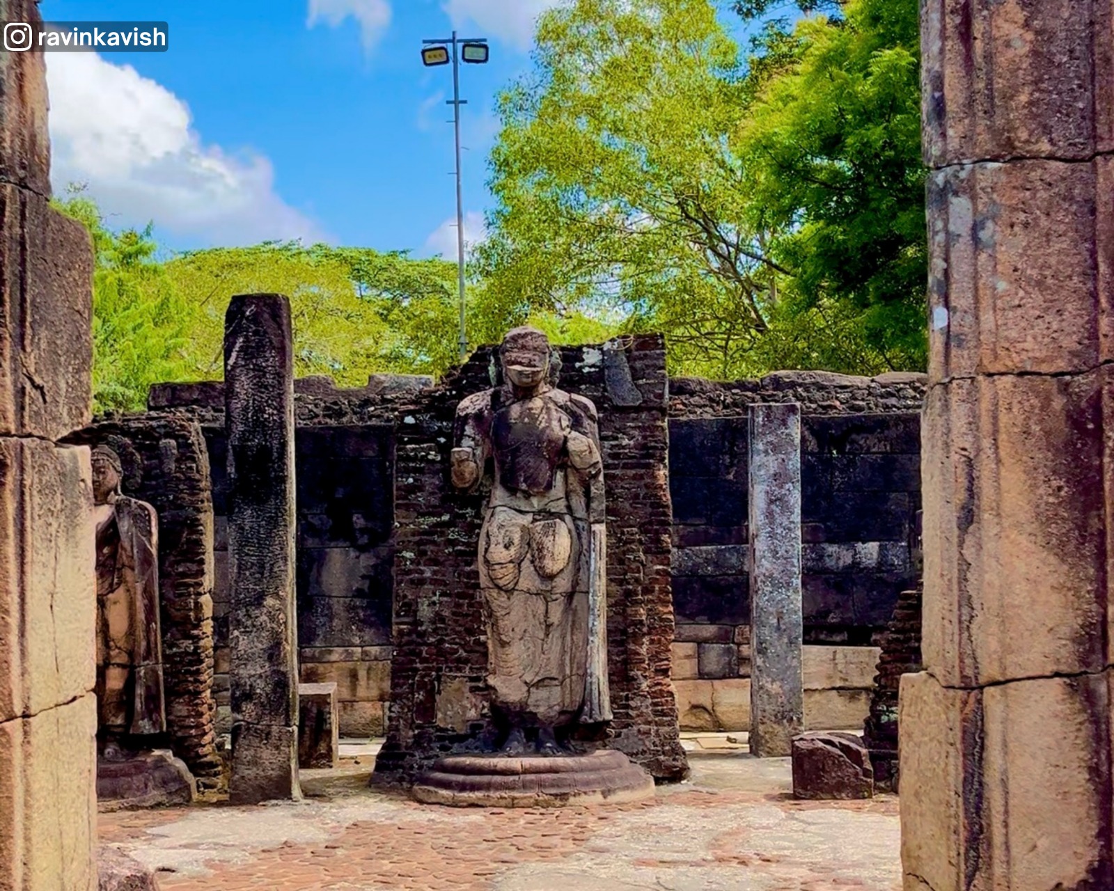 Two standing Buddha statues (of three) at Hetadageya at Polonnaruwa Sacred Quadrangle