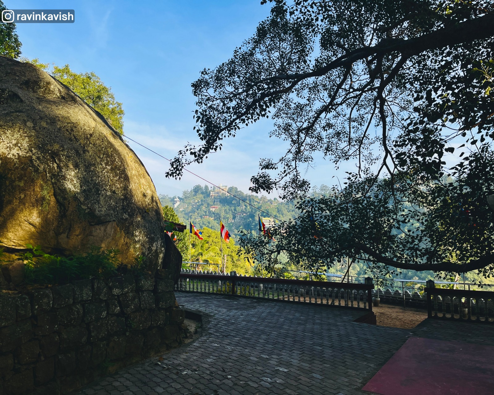View near the sacred Bo tree at Ravana Royal Cave Temple near Ella, Sri Lanka, showing a tree branch on the right, a boulder on the left, and hills with sky in the background