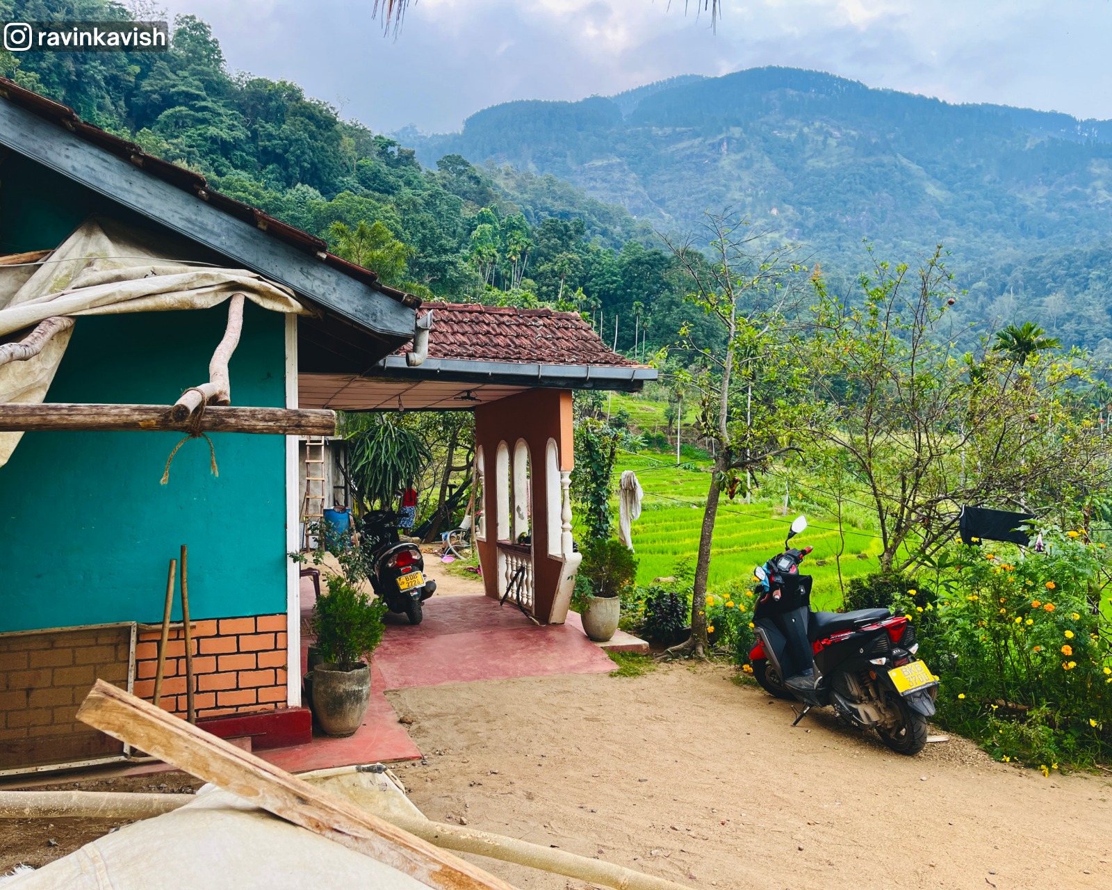 Village house at the trailhead of the Visari Waterfall trek near Ella where the scooter was parked showcasing Sri Lankas rural lifestyle