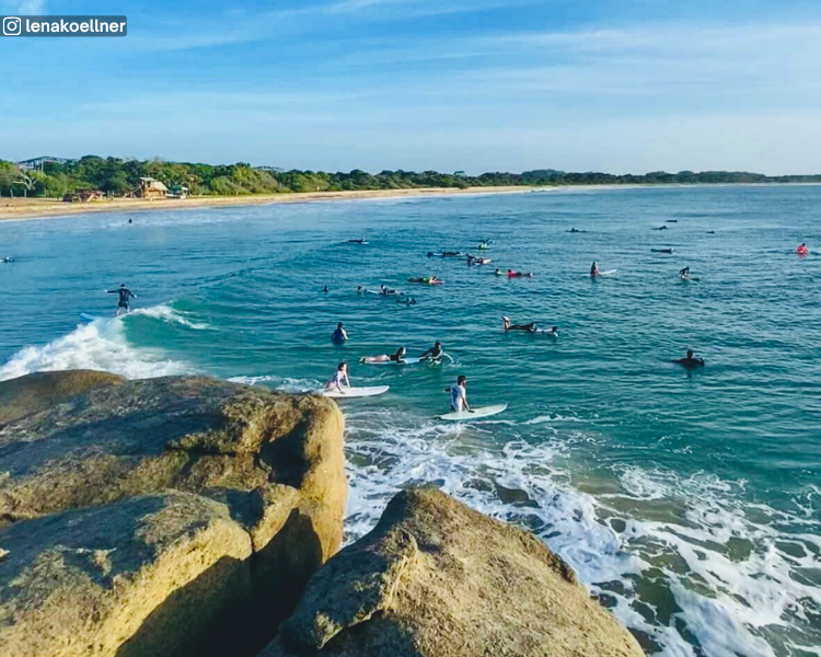 Sea view with surfers, waves, distant shoreline and tree line from Elephant Rock near Arugam Bay, Sri Lanka