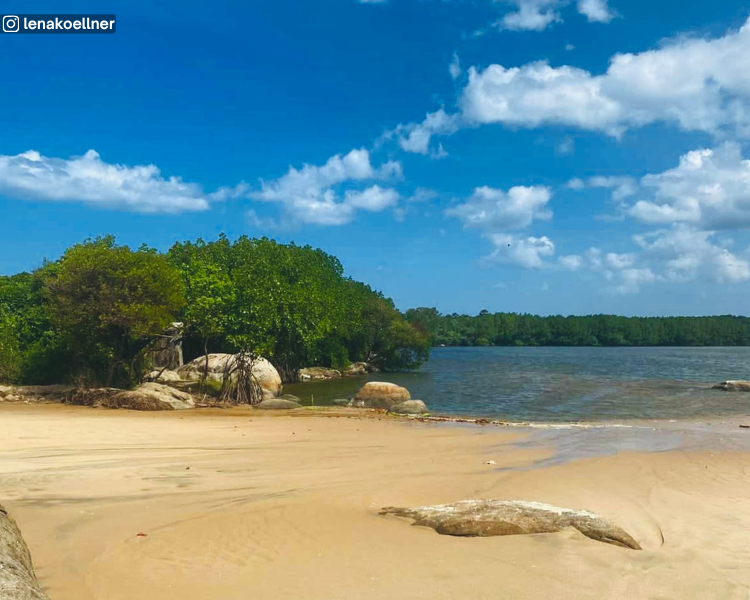 Water, sandy shore, rocks and nearby and distant tree lines at Arugam Lagoon, Sri Lanka