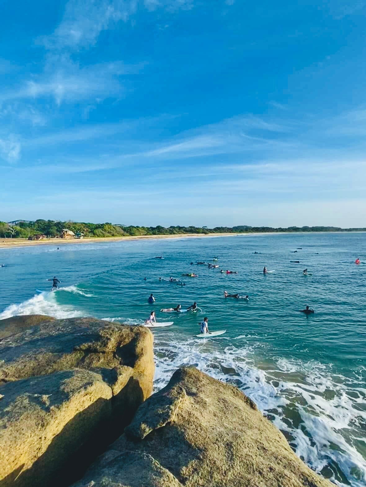 Golden surf beach and ocean waves at Arugam Bay, Sri Lanka, with palm-lined shore and laid back east coast beach views