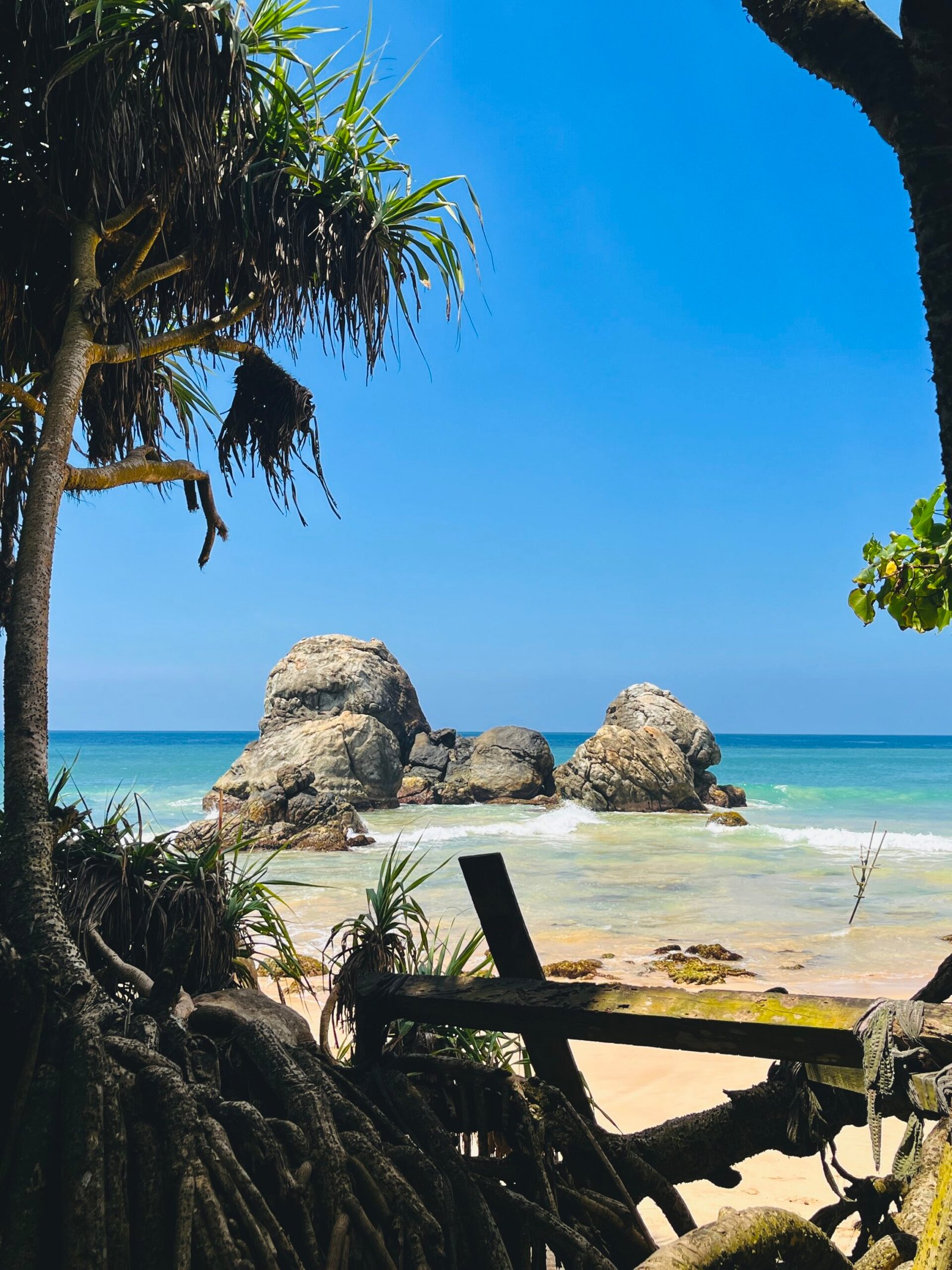 Wide open beach and calm lagoon in Koggala, Sri Lanka, with stilt fishermen, palm-lined coast and peaceful south coast village scenery