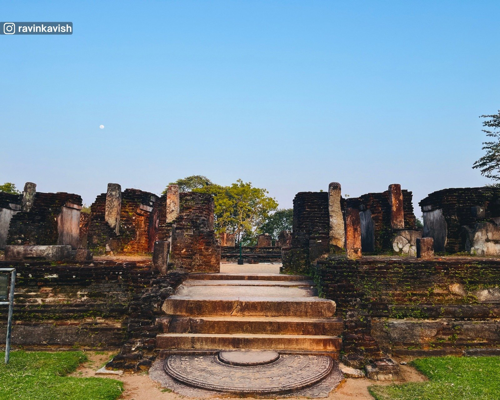 Moonstone and ruins of Baddha Sima Prasadaya (sacred boundary hall) in Alahana Pirivena, Polonnaruwa