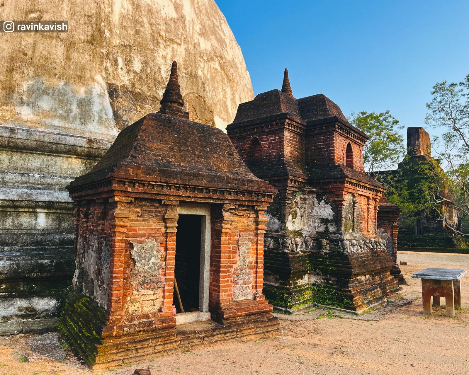 Ancient Kiri Vehera stupa and the surrounding Waahalkadas (frontispieces) at Alahana Monastery in Polonnaruwa