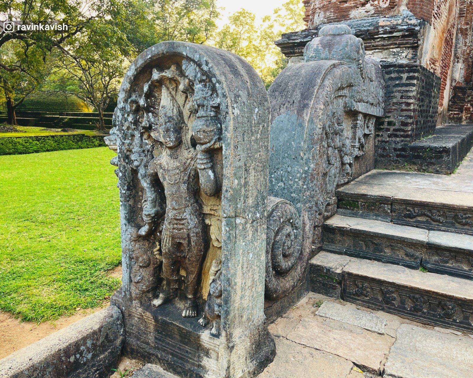 Guard stone and dragon handrail design at the entrance of Lankathilaka Temple at Alahana Pirivena in Polonnaruwa