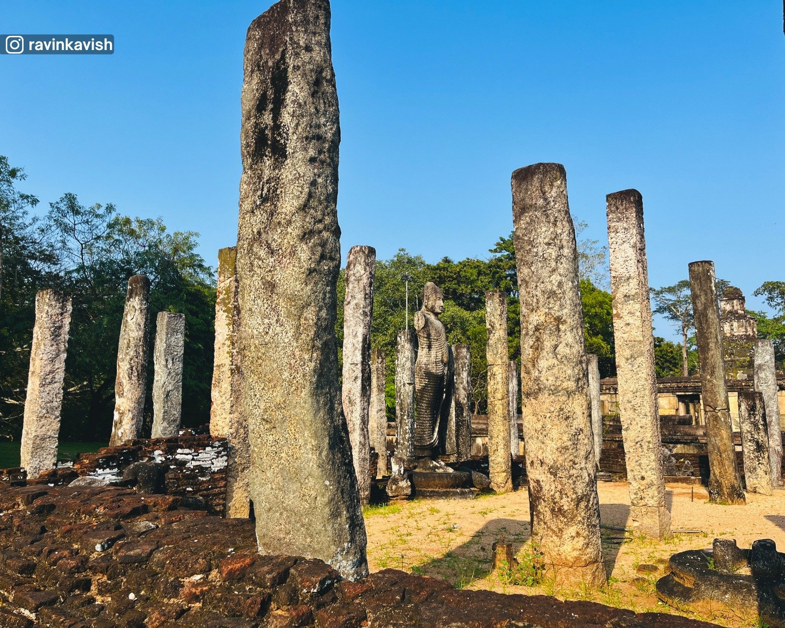 Standing Buddha statue with stone pillars of Atadageya in Polonnaruwa Sacred Quadrangle