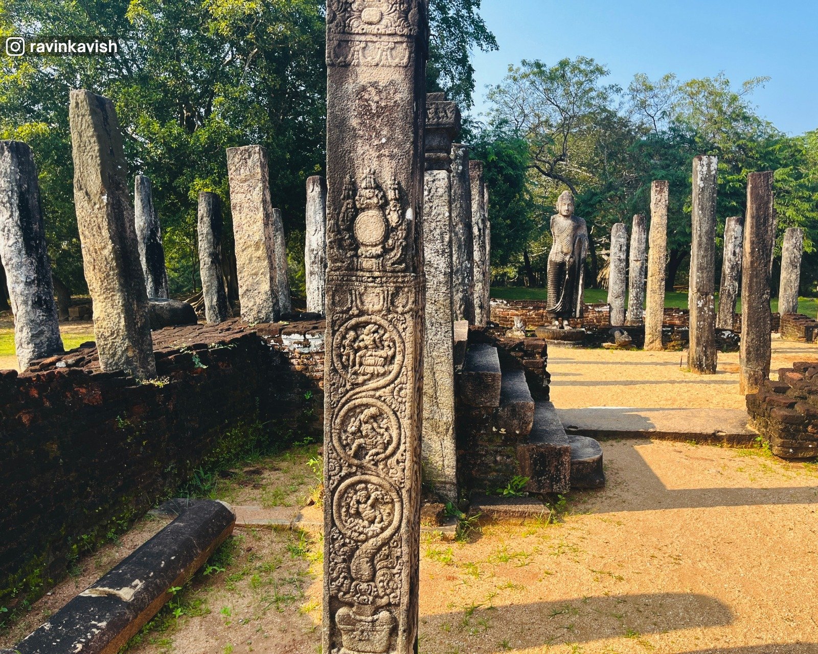 Finely carved pillars of Atadageya in Polonnaruwa Sacred Quadrangle