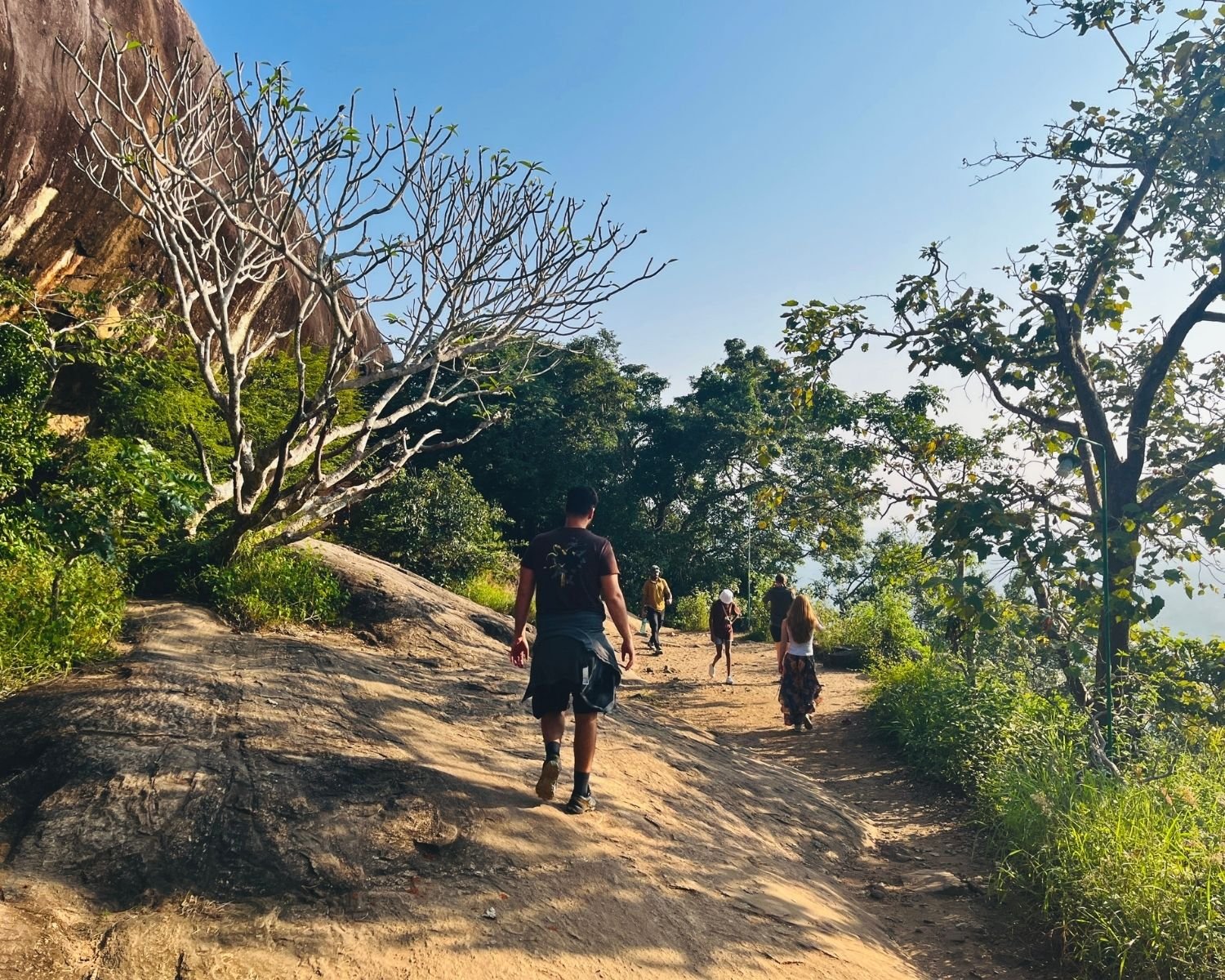 Hikers walking on sunlit rocky trail with large boulder and trees on Pidurangala Rock near Sigiriya