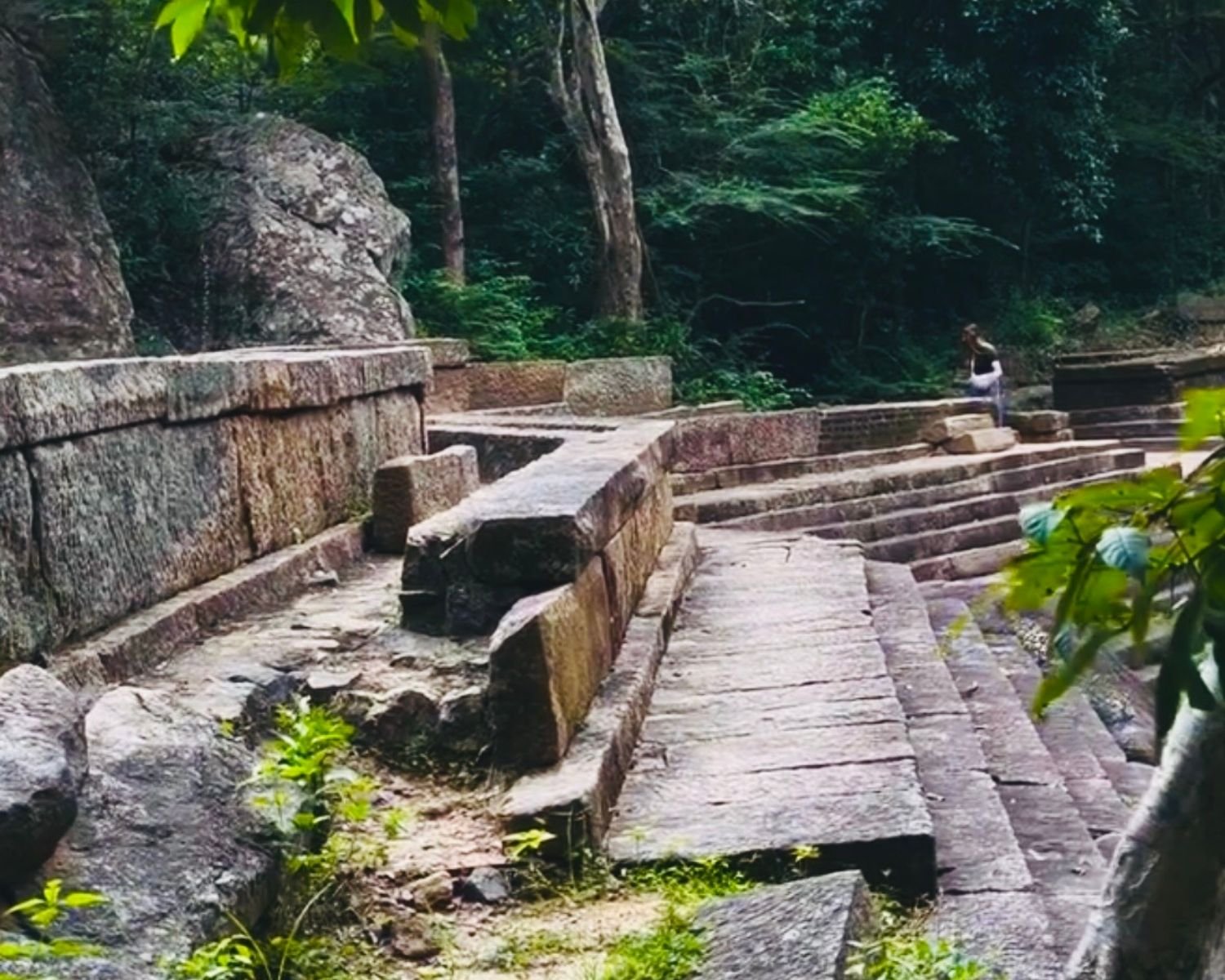 Large ancient stone-lined bathing pond with stepped walls at Ritigala Forest Reserve and Archaeological Site near Sigiriya, Sri Lanka
