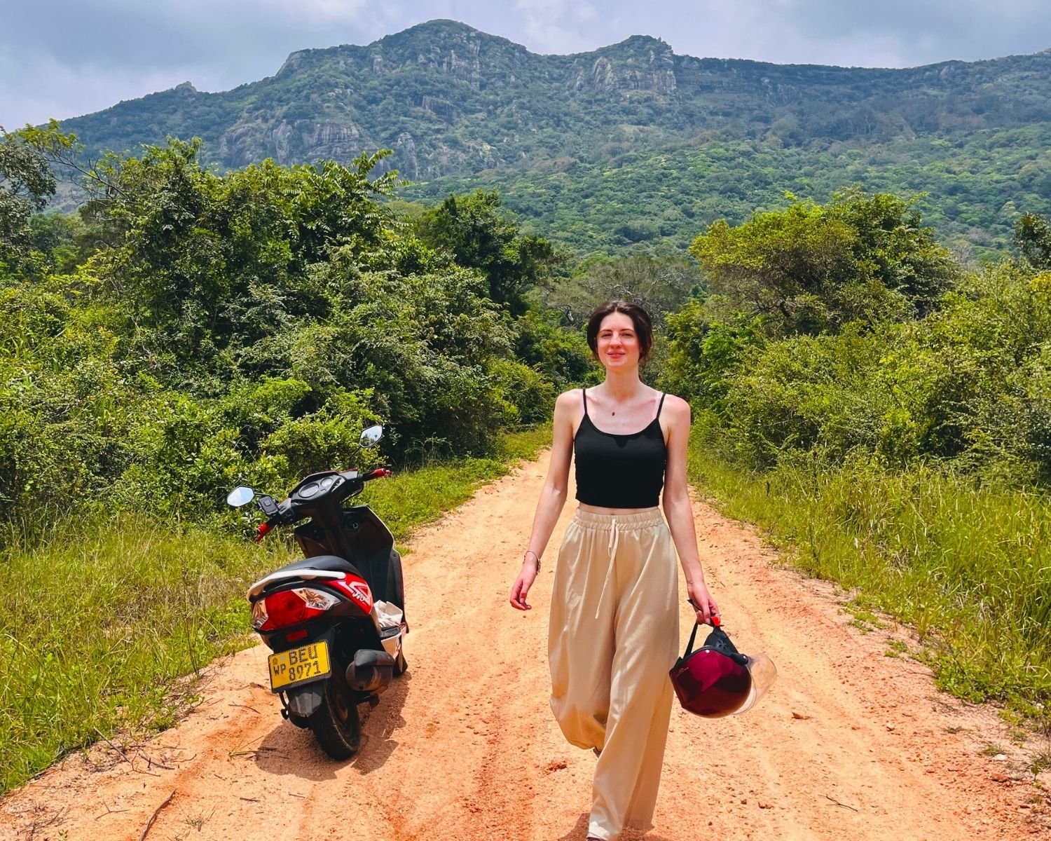 Forested Ritigala mountain range with rocky peaks viewed across red dirt road, gateway to  Ritigala Forest Reserve and Archaeological Site near Habarana, Sigiriya, Sri Lanka