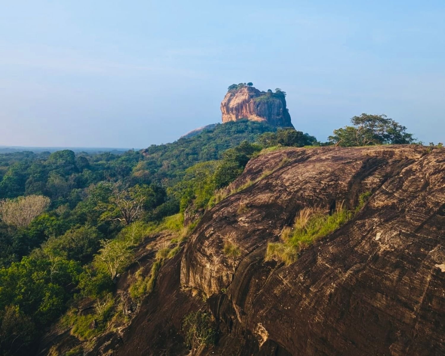 Sigiriya Lion Rock view from summit rock outcrop at Mapagala Fortress Little Pidurangala Sri Lanka