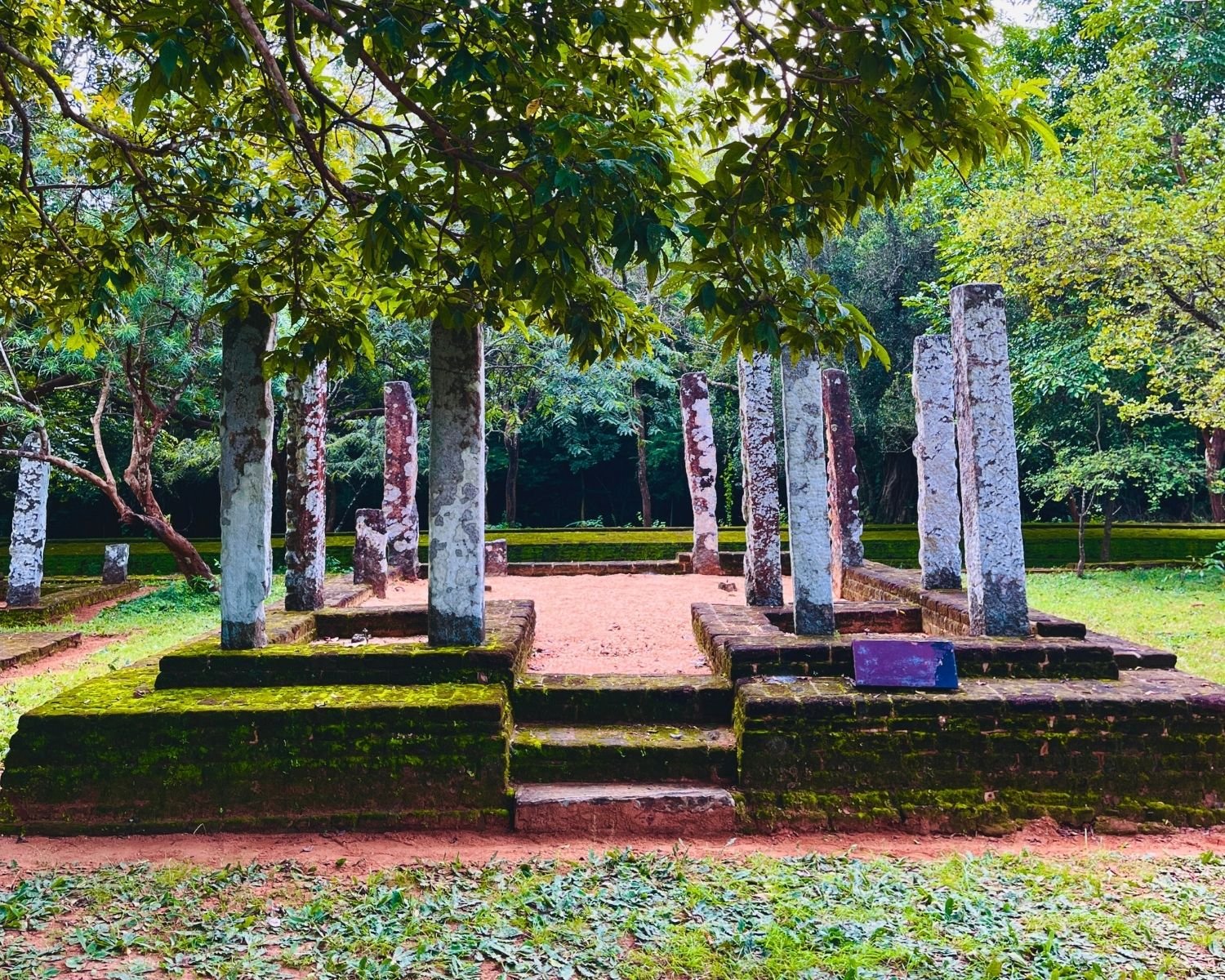 Residential cell remains at Potgul Vihara with standing stone pillars and moss-covered brick foundations