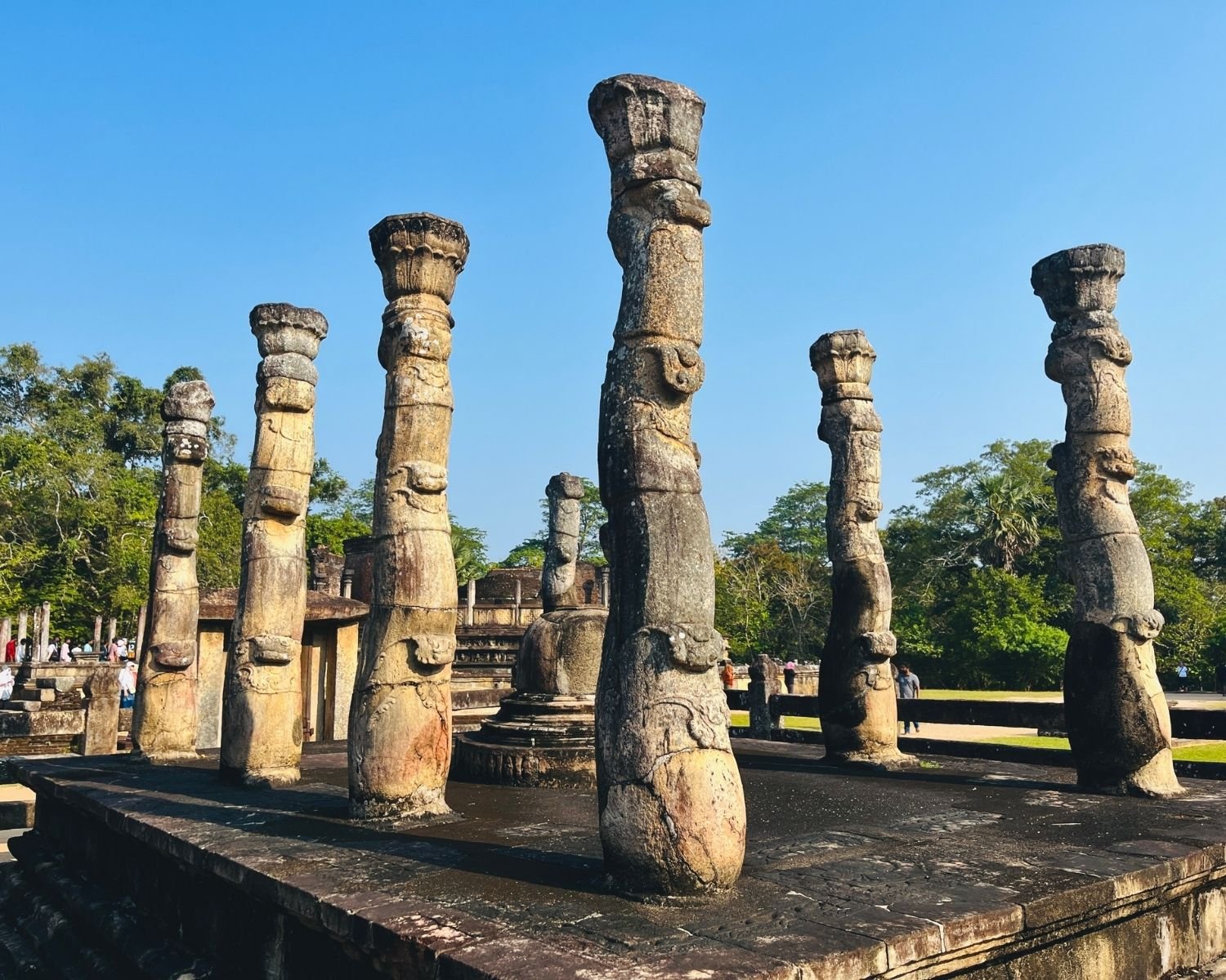 Nissanka Latha Mandapaya lotus-stalk pillars and central stupa base with Hatadage behind