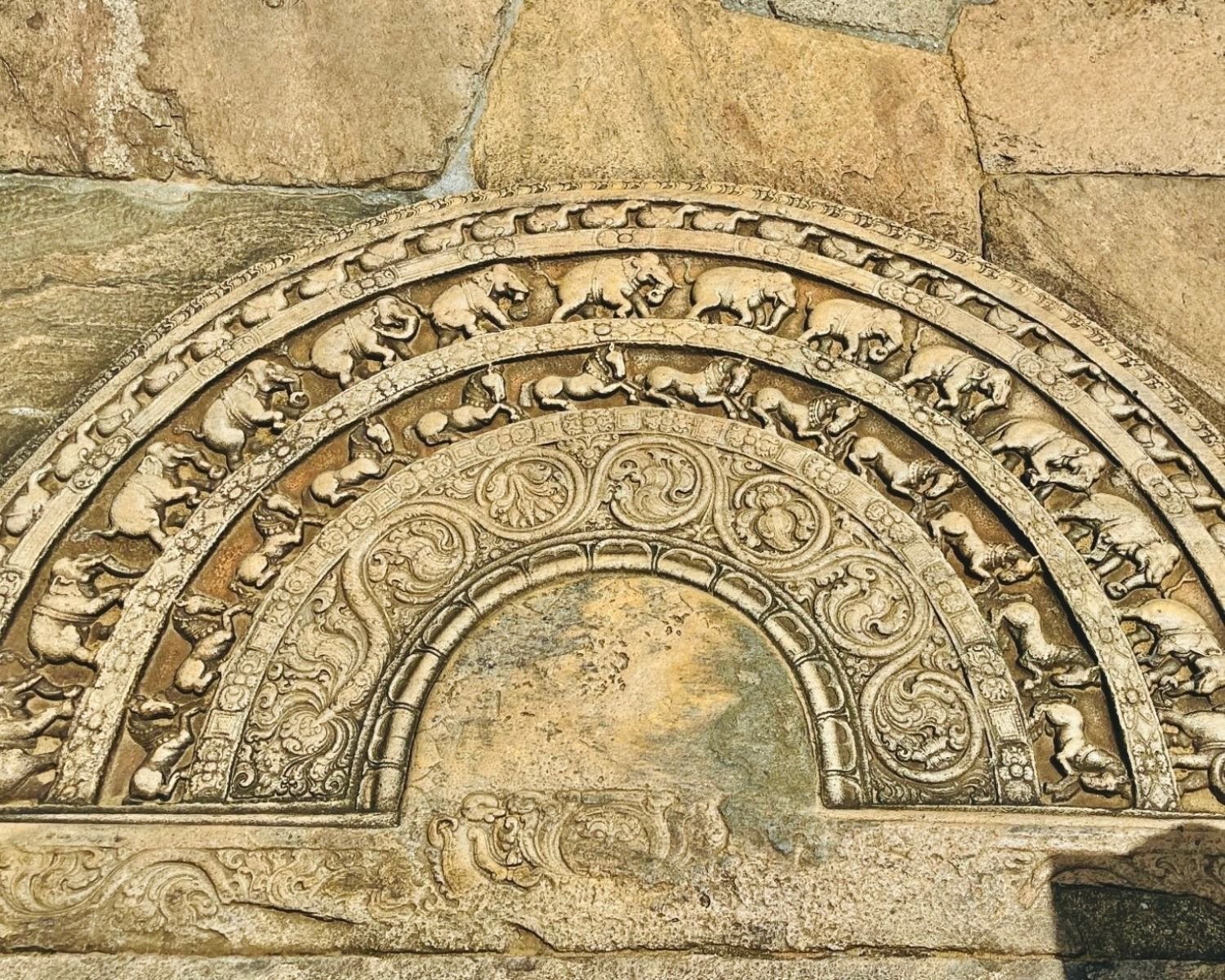 Close view of Vatadage moonstone with concentric bands of elephants, horses, lions, and floral scrolls