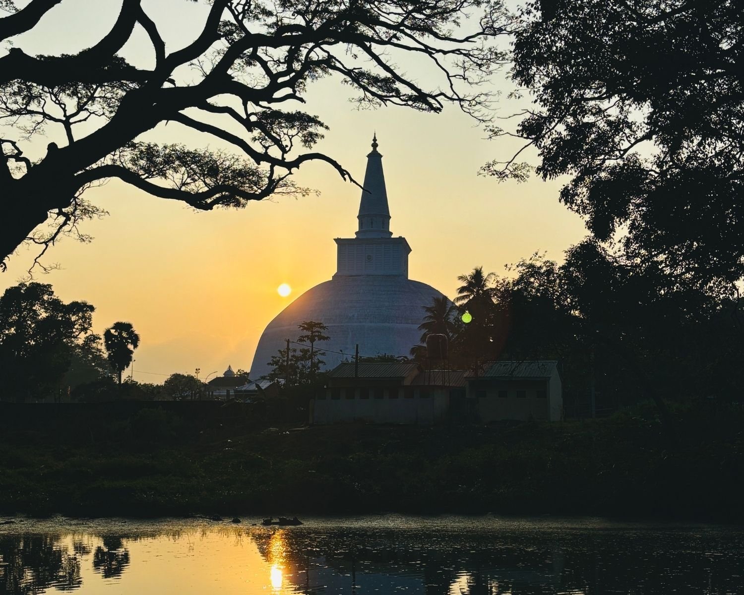Ruwanwelisaya stupa silhouette at sunset with water reflection framed by tree branches