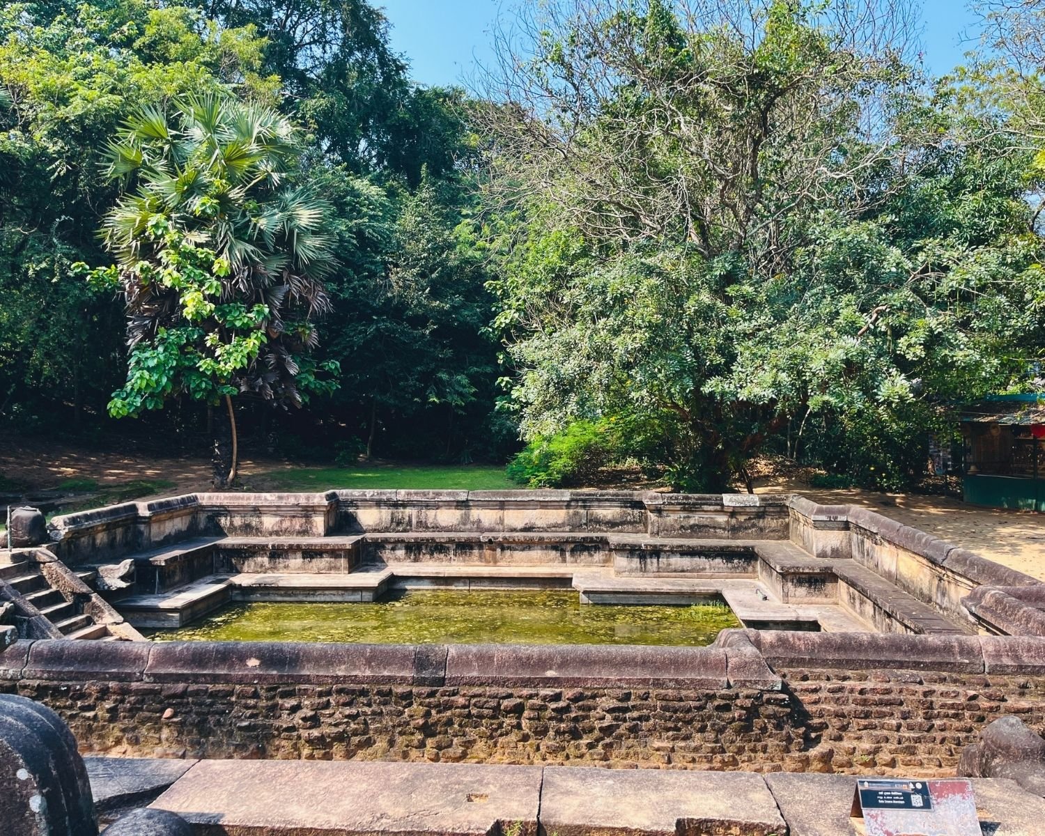 Stone-lined Kumara Pokuna royal bathing pond with steps, tiers, and green water