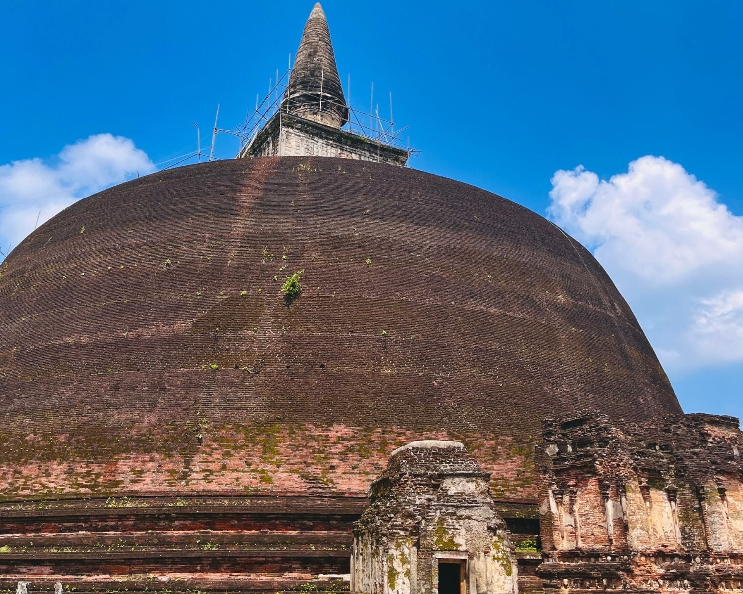 Massive brick dome of Rankoth Vehera with spire under scaffolding towering over ancient ruins