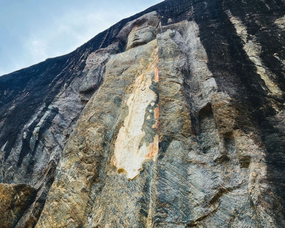 Close-up of the ancient standing Buddha at Buduruwagala