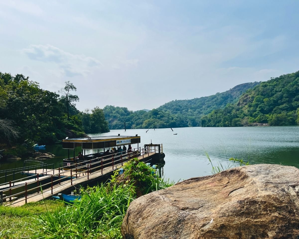 Floating jetty and passenger boat on Buduruwagala Reservoir