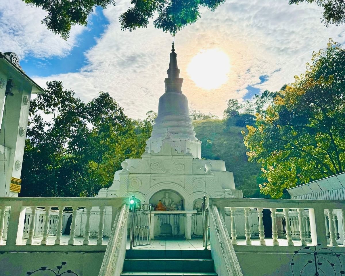 Buddhist shrine illuminated by morning sunlight