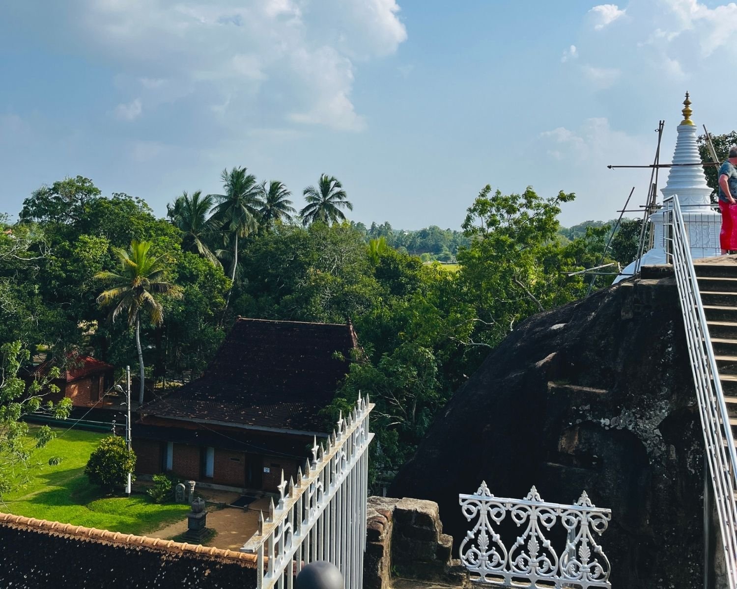 White stupa with gold finial atop black rock at Isurumuniya temple, with metal stairs and ornate white railings, brick shrine and coconut palms below, paddy fields and forest horizon under blue sky at Anuradhapura