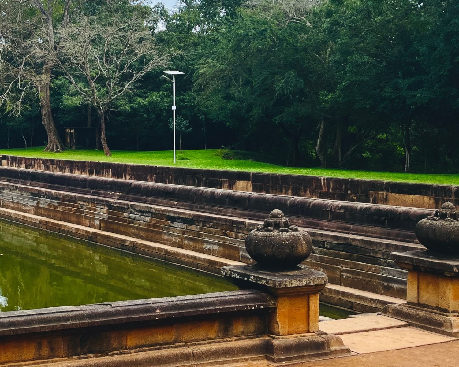 Carved punkala urns stand guard on granite tiers of Kuttam Pokuna, with still green water reflecting leafless branches and lush lawn, bordered by deep forest at Anuradhapura