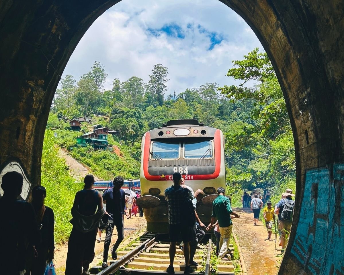 View from the railway tunnel toward the tracks outside