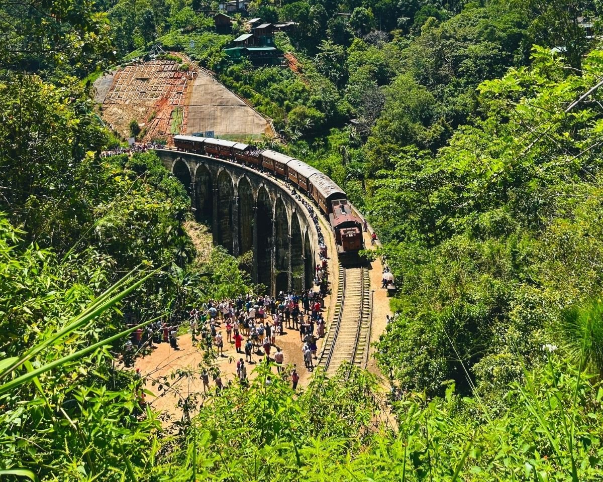 Passenger train crossing Nine Arch Bridge through the forest