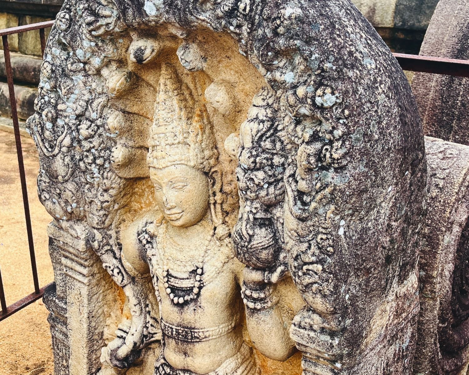 Close-up of Rathna Prasadaya guardstone at Abhayagiri, the most beautiful and detailed guardstone in Sri Lanka, 7th–9th century Nagaraja cobra king under seven-hooded serpent canopy, holding punkalasa pot of abundance, wearing ornate crown and jewelry, with makara arch and lotuses