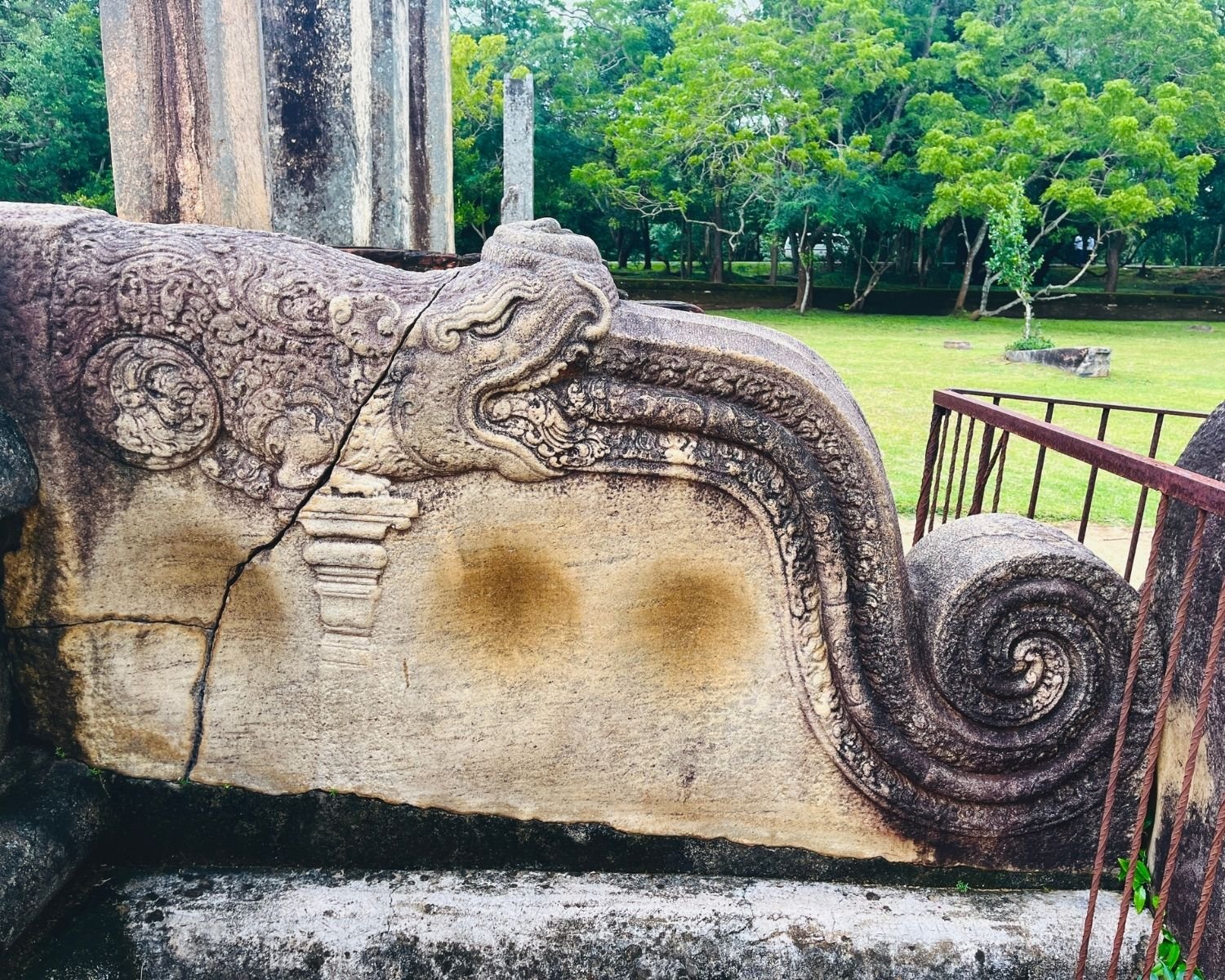Korawakgala makara dragon balustrade at Rathna Prasadaya Chapter House, 7th–9th century S-curved stone carving with elephant-trunked head and spiral tail, part of the same staircase as Sri Lanka’s most detailed guardstones