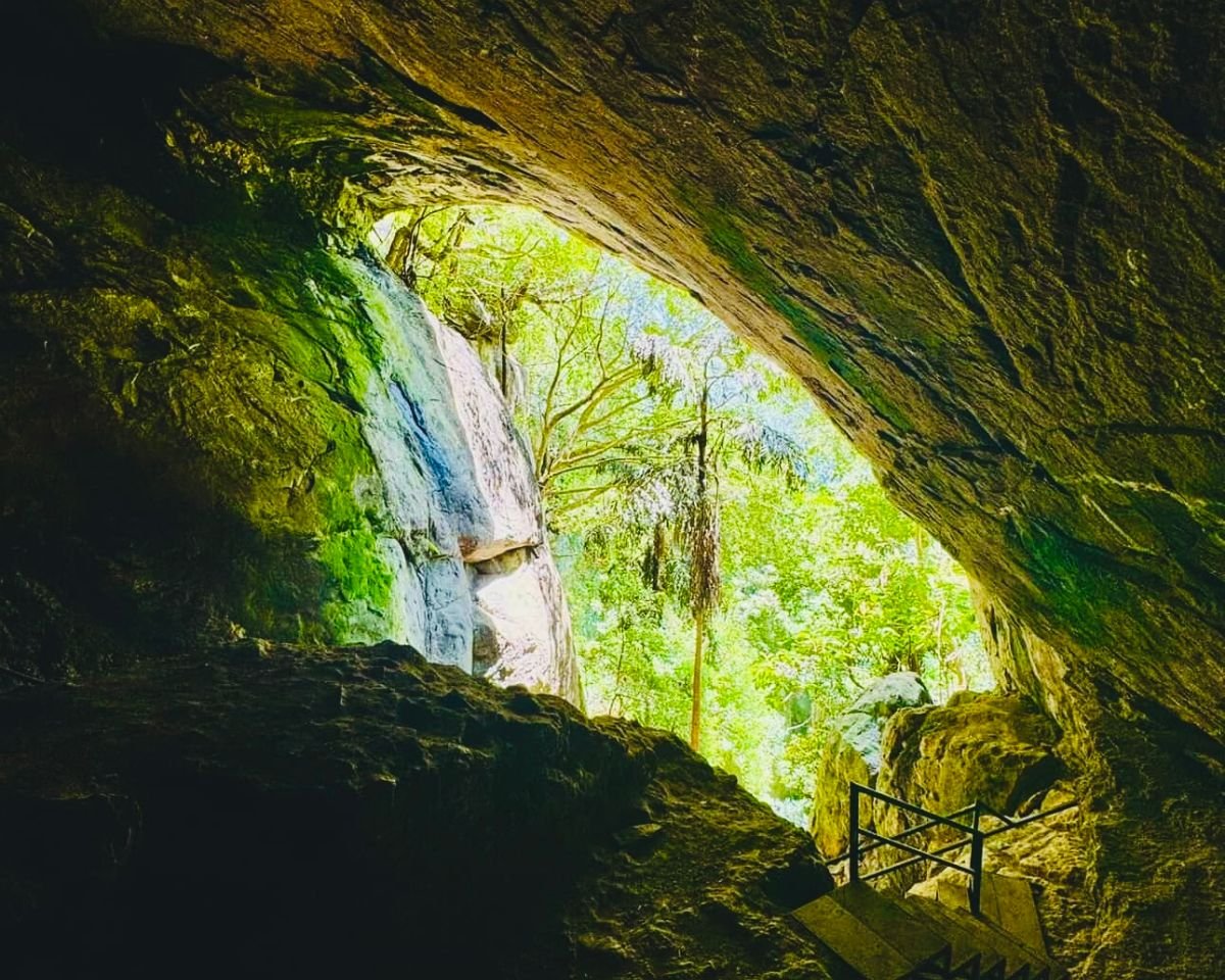 View from inside Ravana Cave framed by the natural rock opening overlooking the forest near Ella