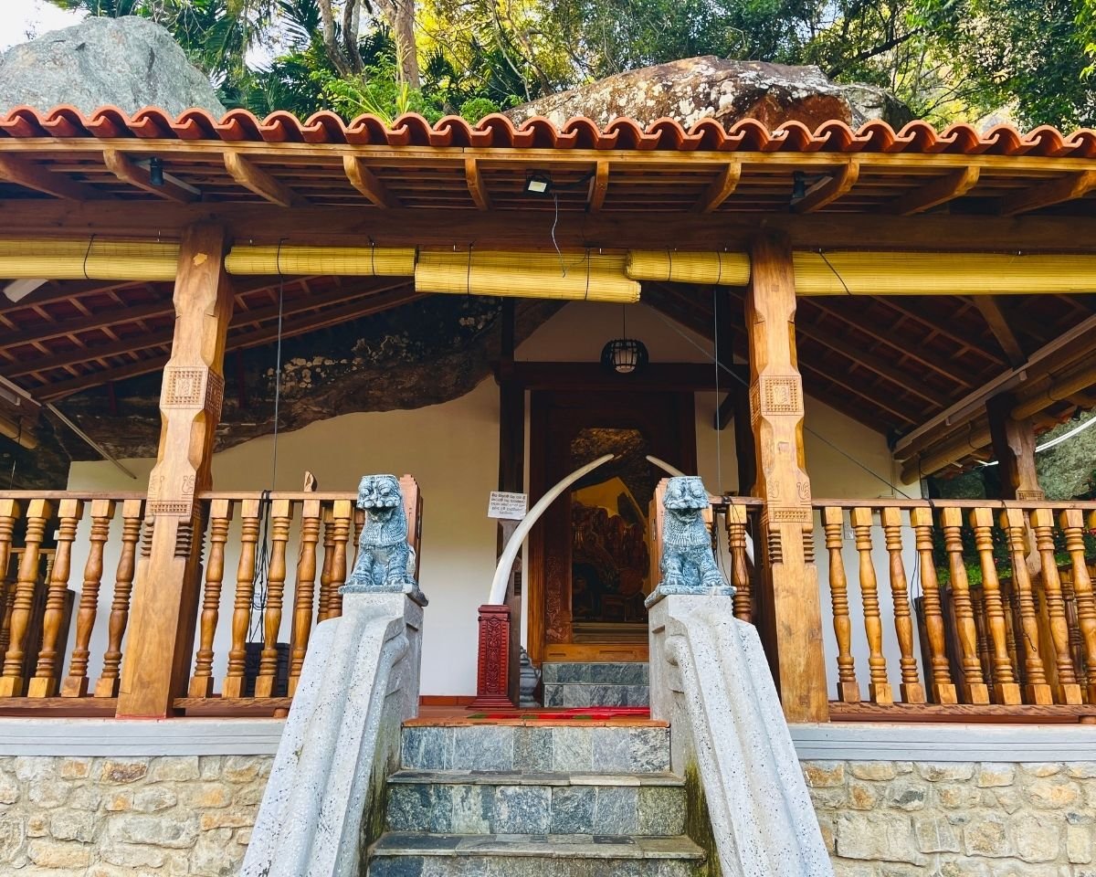 Stone staircase flanked by guardian lion statues