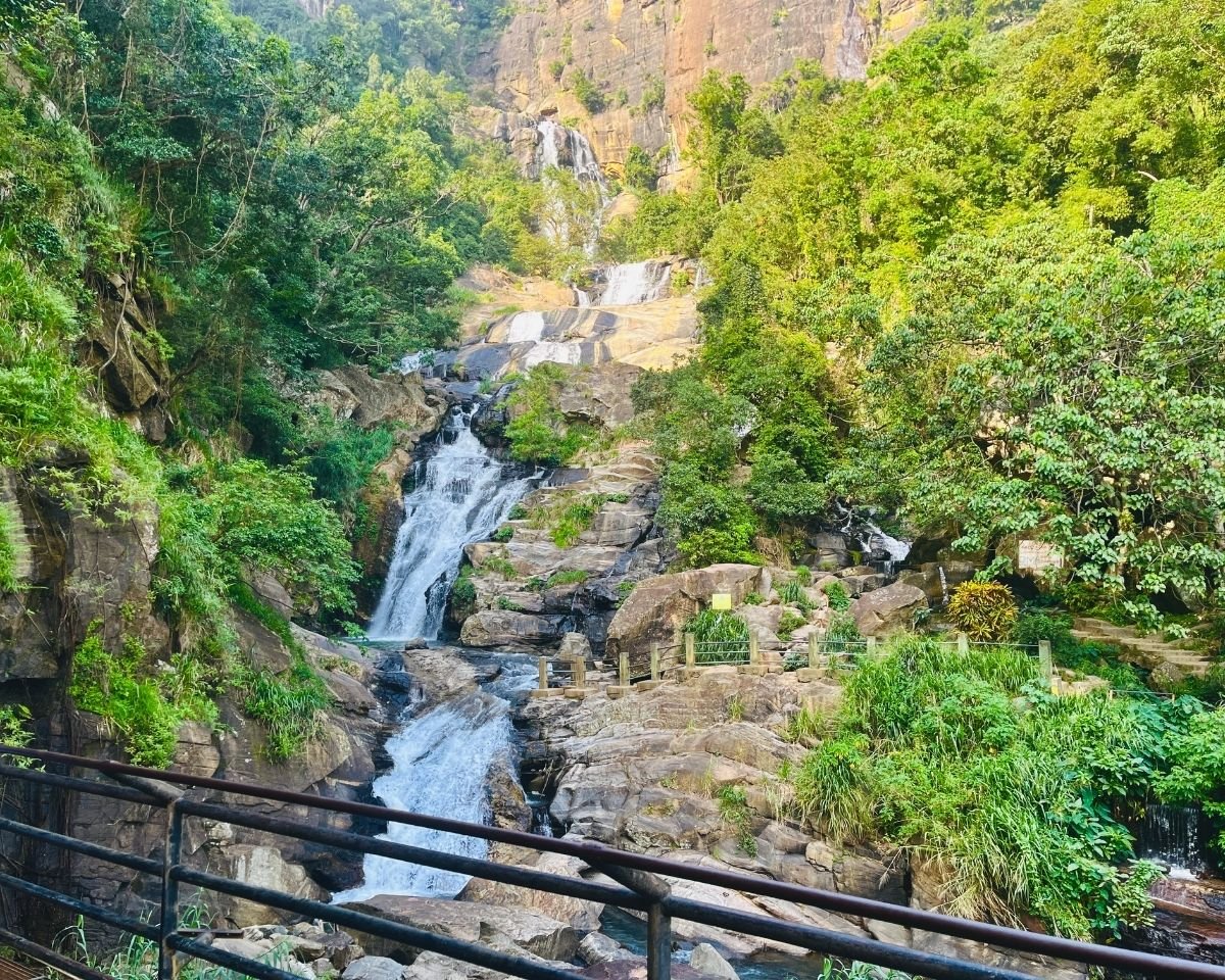 Full multi-tier cascade of Ravana Falls viewed from the roadside