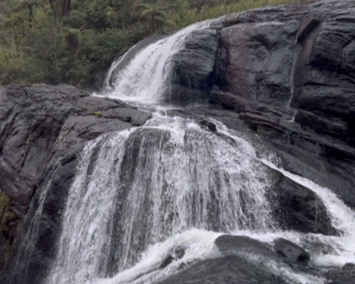 Multi-tiered Baker’s Falls cascading over dark rock slabs surrounded by cloud forest at Horton Plains National Park, Sri Lanka