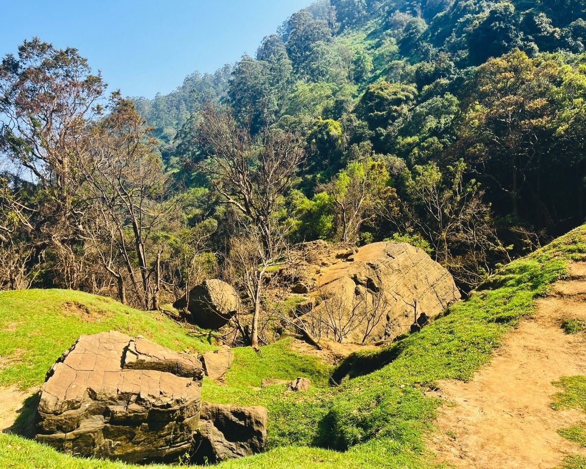 Sunlit boulders and grassy plateau at the base of Bomburuella Waterfall with forested hills in Nuwara Eliya Sri Lanka