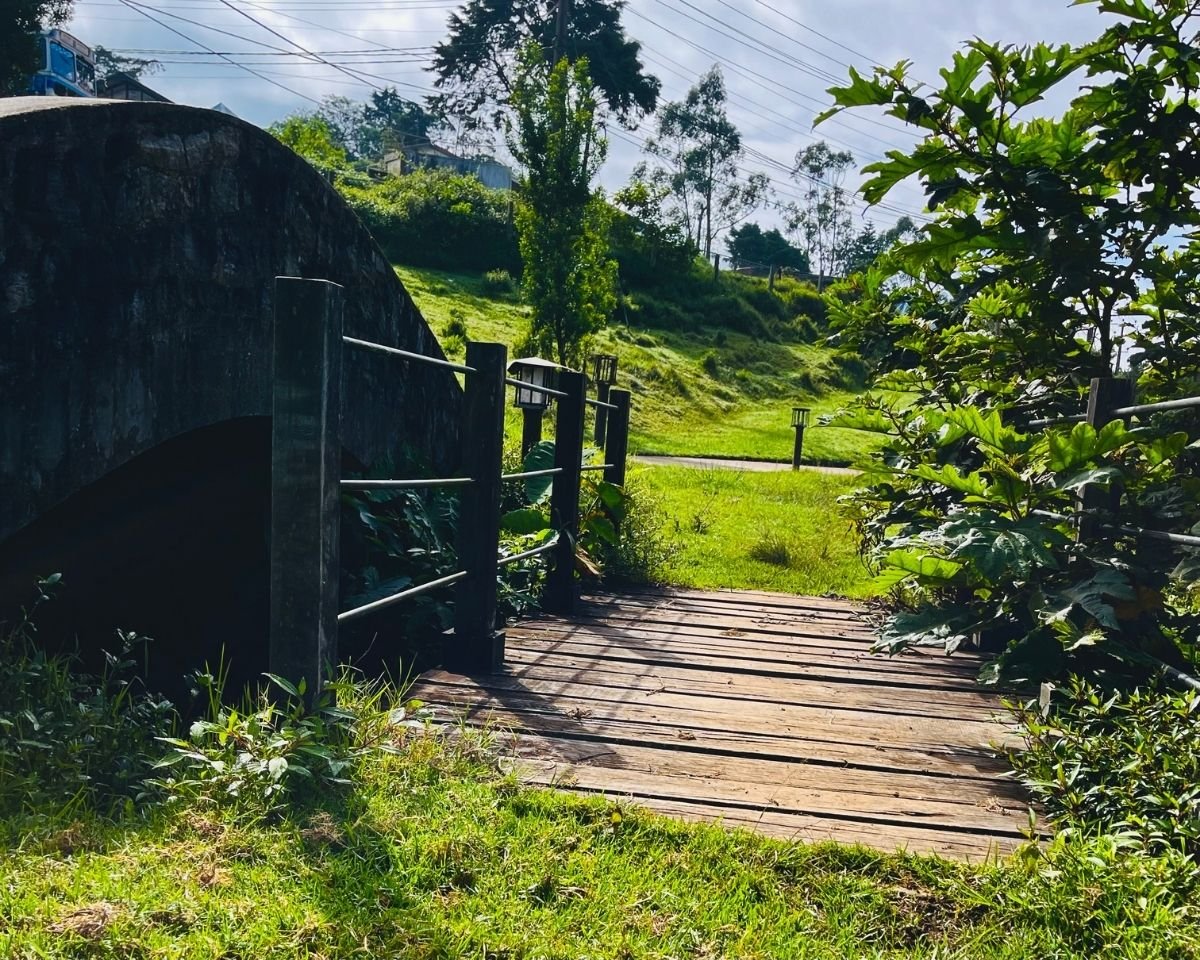 Wooden footbridge over stone culvert on grassy path near Gregory Lake with lamp posts and hill Nuwara Eliya