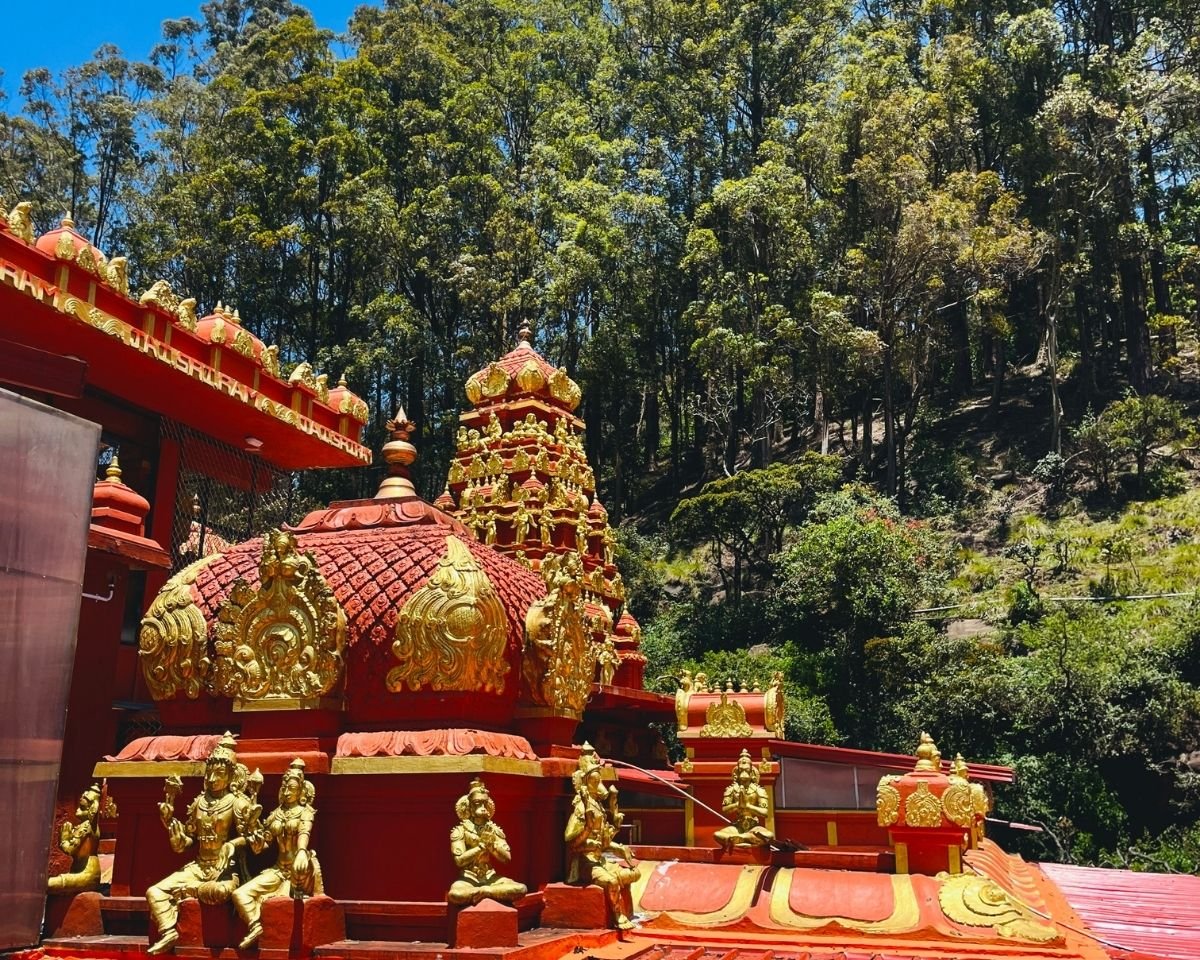 Red and gold gopuram temple tower with golden deity statues at Seetha Amman Kovil, Nuwara Eliya, Sri Lanka surrounded by eucalyptus forest