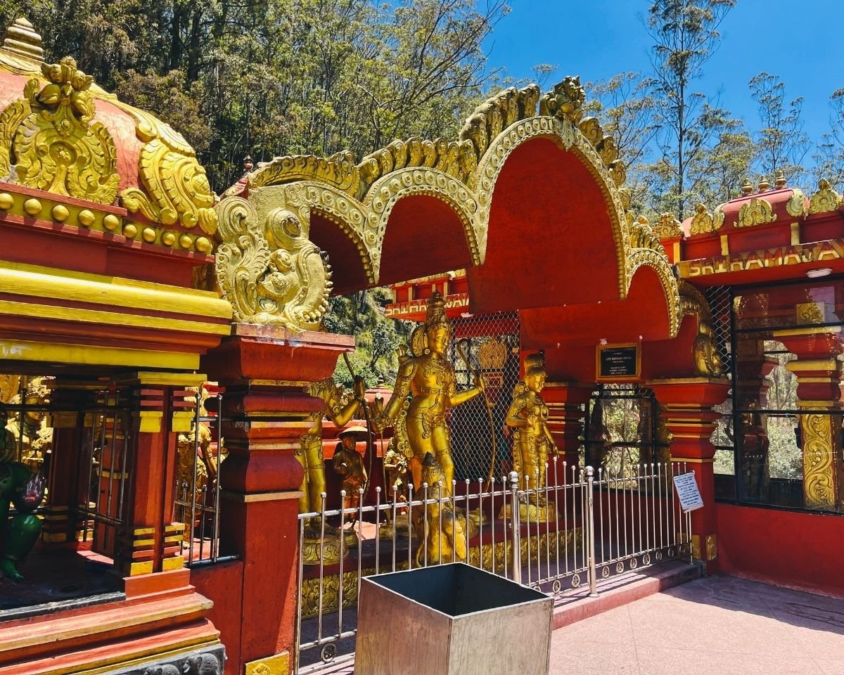 Golden statues of Lord Rama, Sita, Lakshmana and Hanuman at the Rama shrine in Seetha Amman Kovil, Nuwara Eliya, Sri Lanka