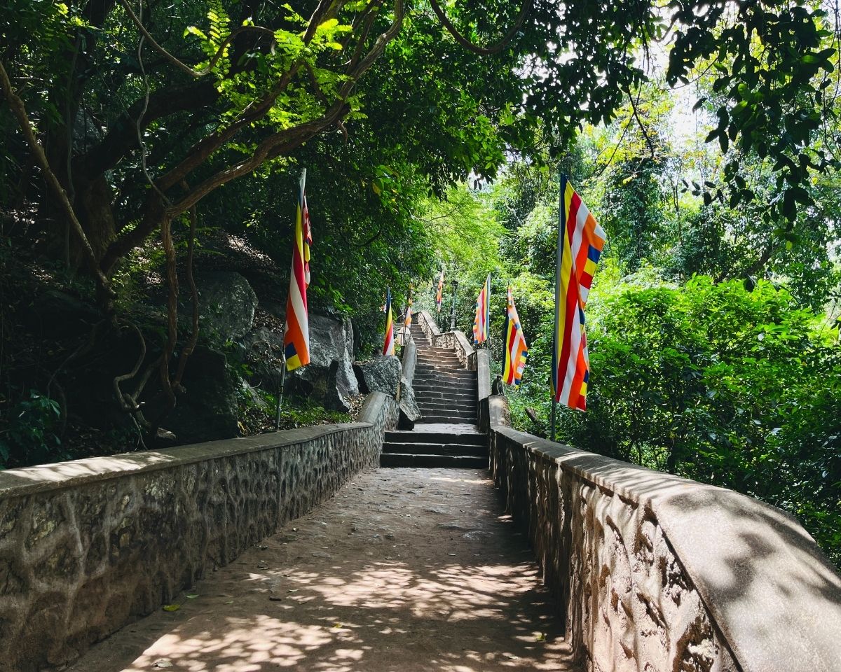 Stone staircase pathway with low stone walls lined with colorful Buddhist flags leading uphill through lush green jungle forest to Dambulla Royal Cave Temple Sri Lanka