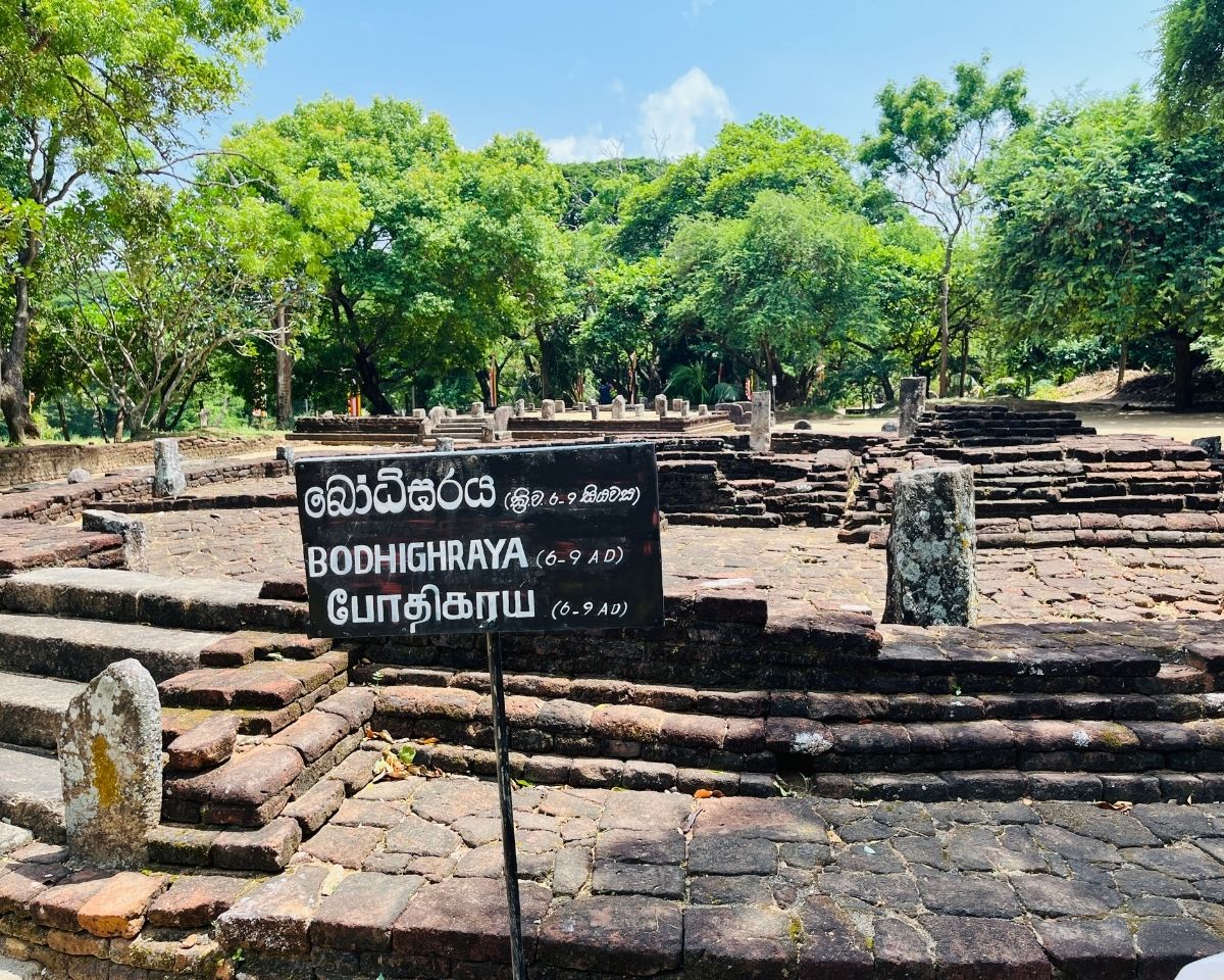 Black signboard Bodhighraya 6-9 AD in Sinhala English Tamil in front of ancient brick ruins of Bodhi tree shrine with stone pillars and green trees at Dambulla Somawathiya Sri Lanka