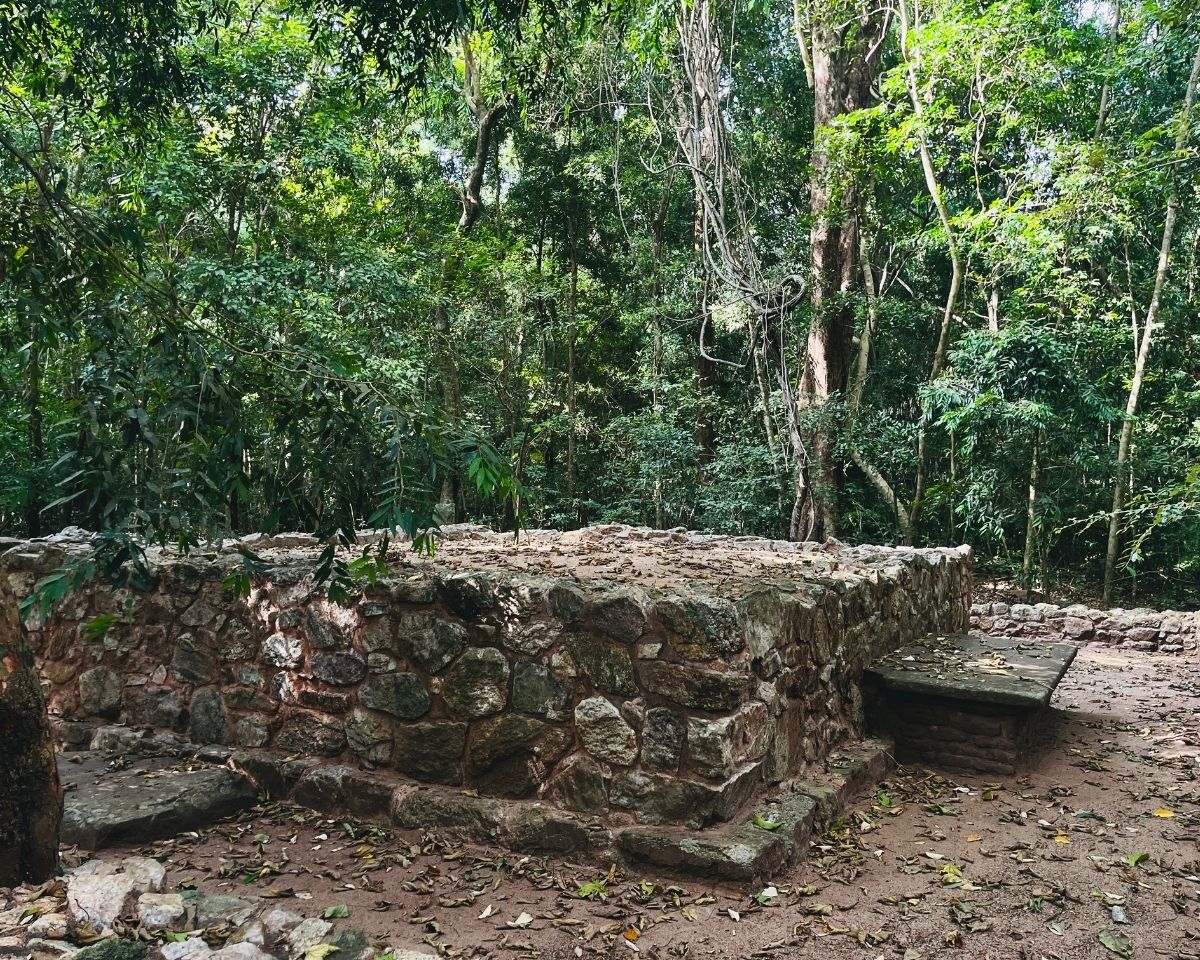 Ancient stone Bodhigara Bodhi tree shrine with raised stone platform in Jathika Namal Uyana ironwood forest Dambulla Sri Lanka